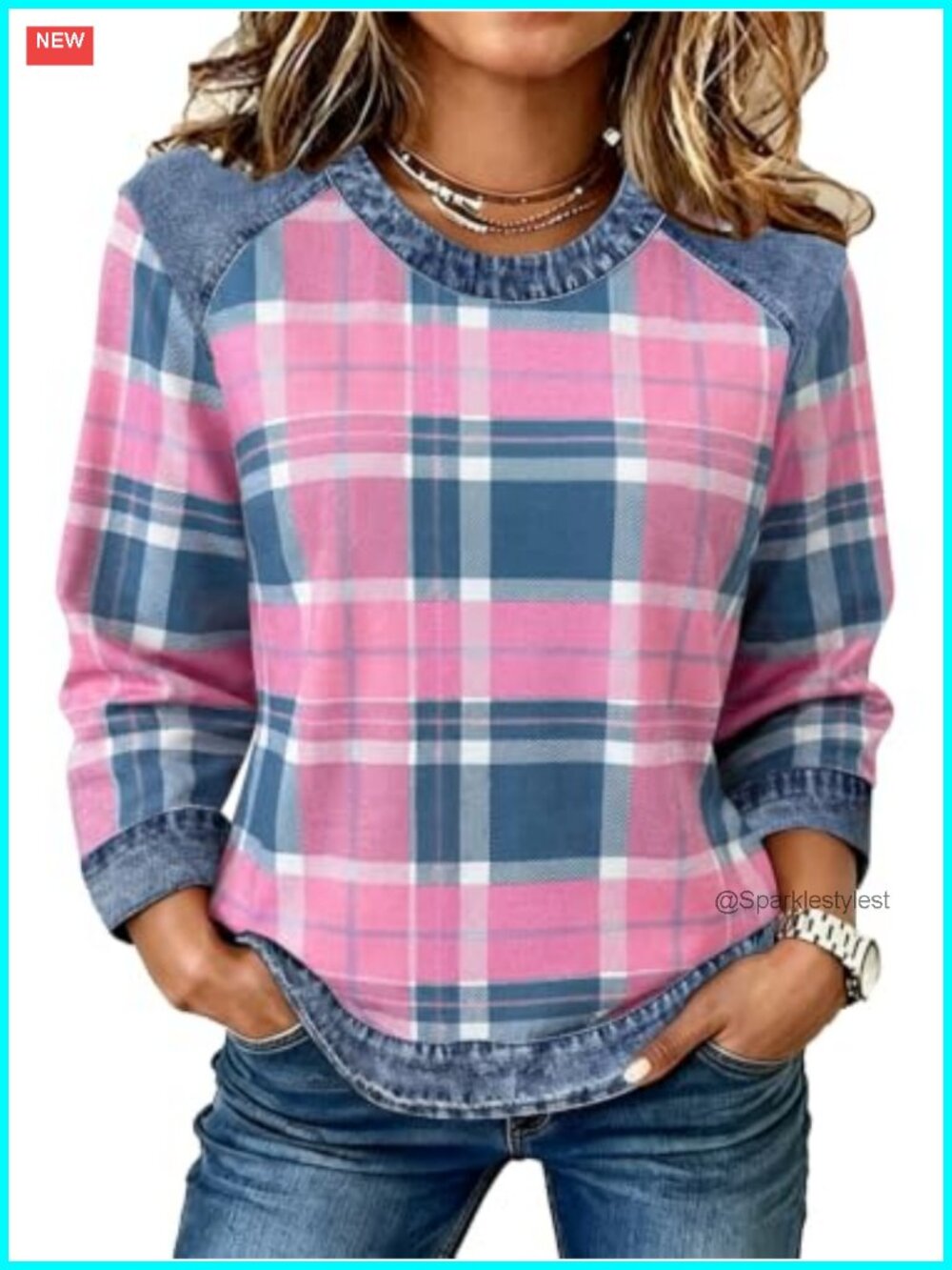 Womens Crewneck Sweatshirt Denim Patchwork Plaid Striped Pullover Top